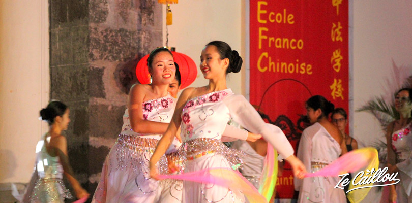 Traditional foulard dance for the Chinese New Year celebrations in La Reunion