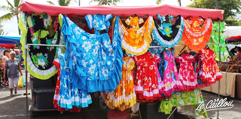 Traditional clothes with maloya dance dresses on the Reunion typical markets