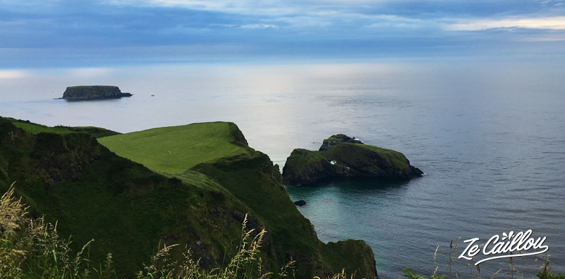 Impressive view on the Carrick-a-Rede bridge from a car park above in Northern Ireland