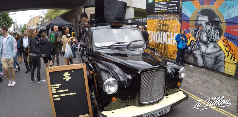 Have a coffee at Bricklane Market in this old Londonner black taxi