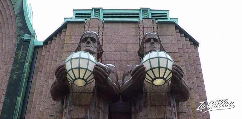 Big statues of the central train station of the Finnish capital, Helsinki.