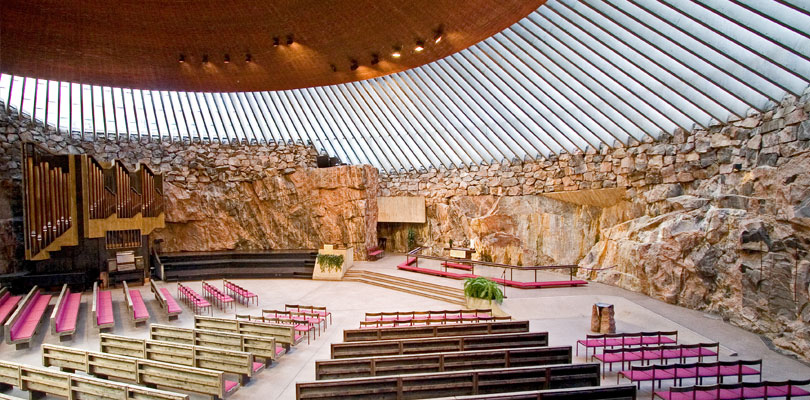 Inside the temppeliaukion kirkko, a church built inside a big rock in central Helsinki, Finland.