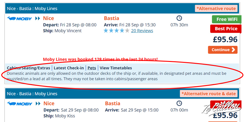 Booking a ferry for a dog, Pets' details for a travel in ferry with a dog in Europe on direct ferries.