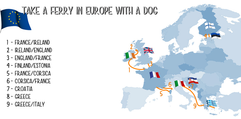 Map of the ferries we took in Europe with our dog during our roadtrip.