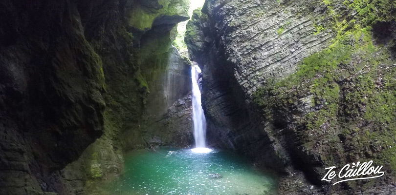 Beautiful Kozjak waterfall at the end of the Kobarid historical trail in Slovenia.