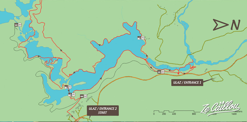 Carte du parcours K2, marche de 18km dans le parc des lacs de Plitvice en Croatie.
