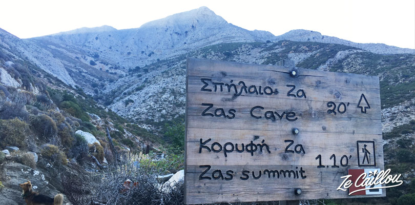 Mount Zeus hike signs on Naxos, during our roadtrip on a greek island with a van.