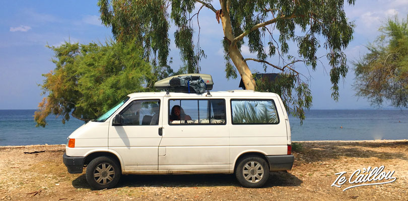 Our spot to sleep on the beach in Pelion with our van in Greece.