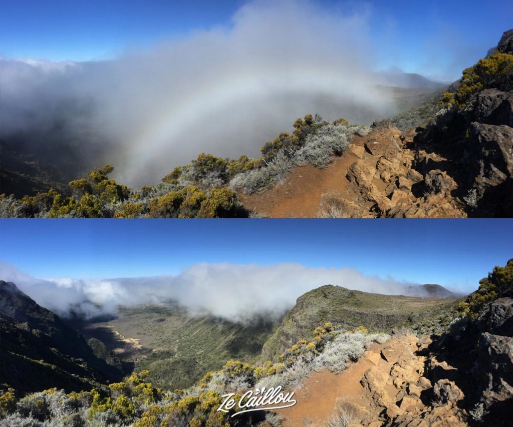 A white rainbow at the Plateau des Basaltes, on the right, the Piton de la Fournaise.