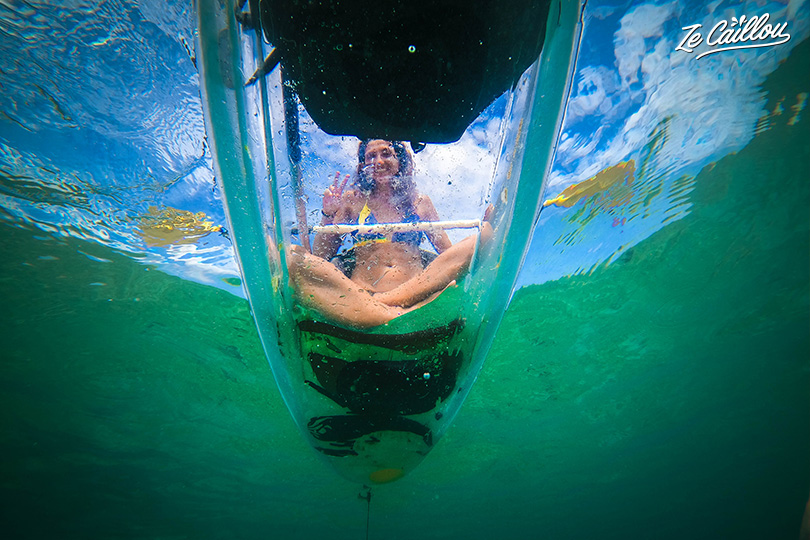 See underwater with transparent kayak in Trou d'eau.