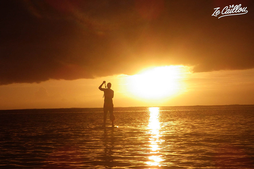 Beautiful paddle trip at sunset in Reunion Island.