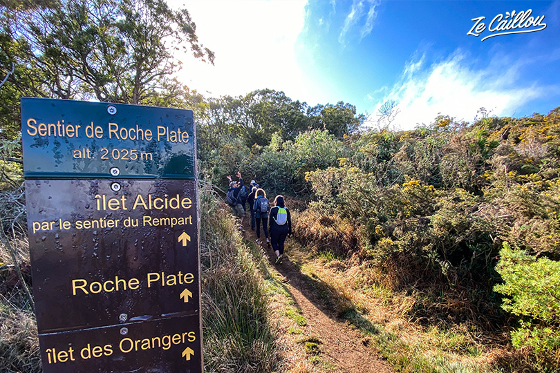 Sign that indicates several hikes from Maido, sentier de bord or Roche Plate.