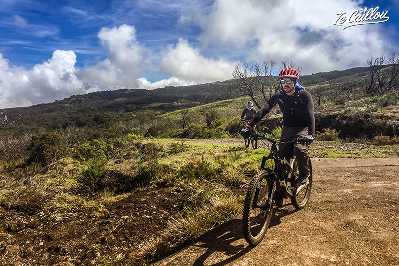 Beautiful landscapes of mountains, forests, fields during the Maïdo mountain bike downhill.
