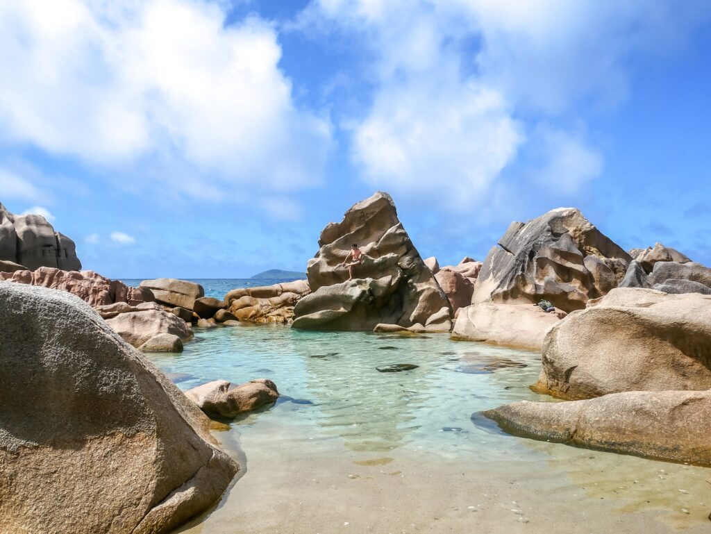 Magnificent little cove hidden south of La Digue in the Seychelles.