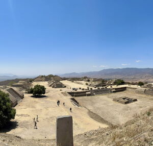 View of the various pyramids of the Mayan site of Monte Alban towards Oaxaca.